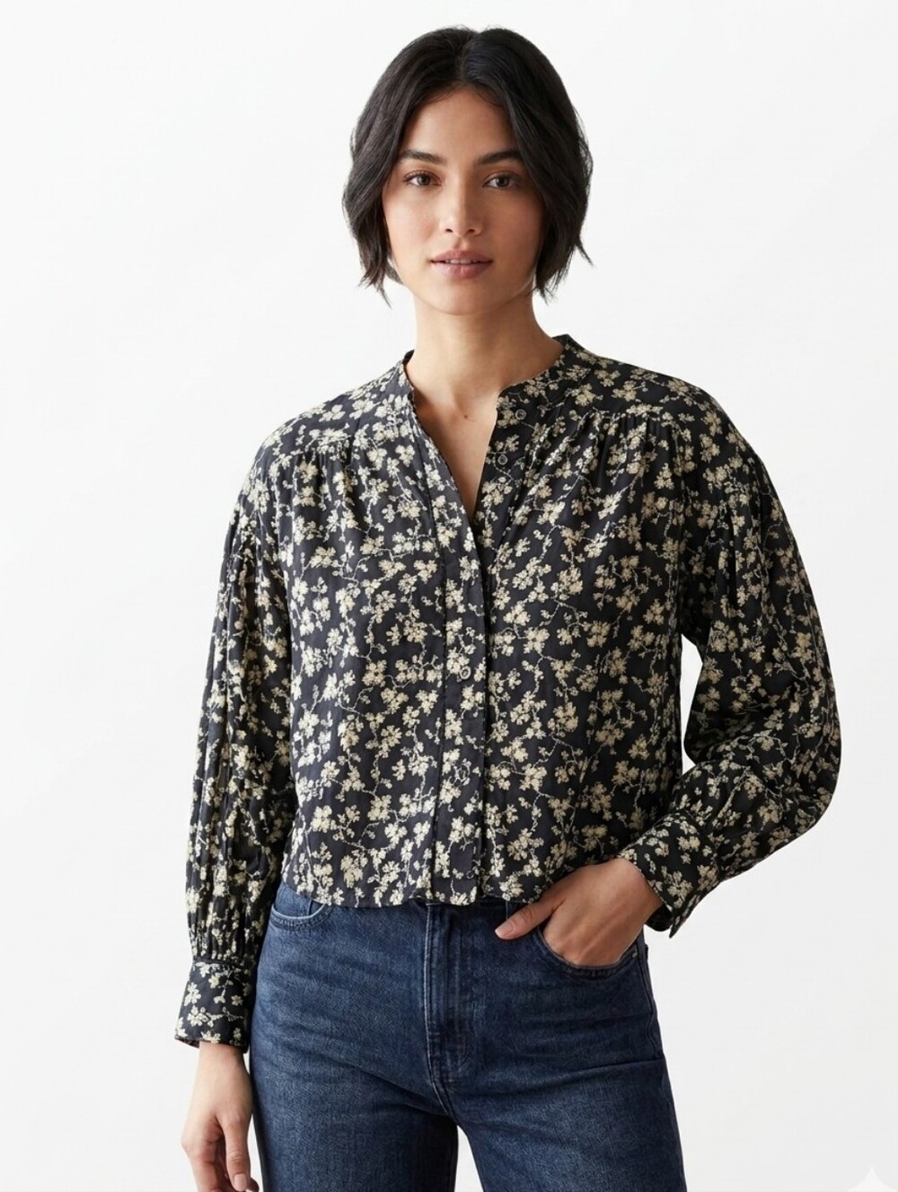 Joie Floral Ikat Cotton Button Down Blouse Boho Cropped Lace Black Yellow Size S